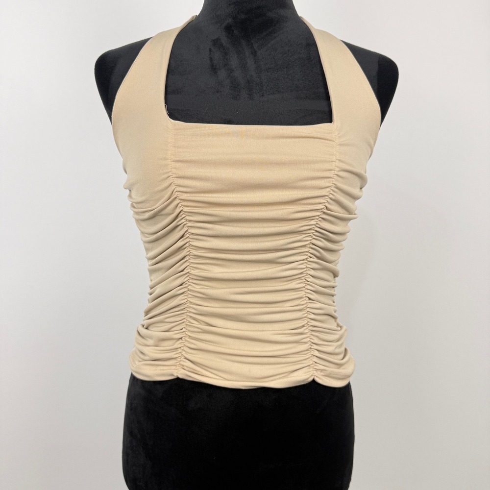 Vintage Y2K Body Central Halter Crop Top Womens Size S‎ Tan Ruched Boho Festival